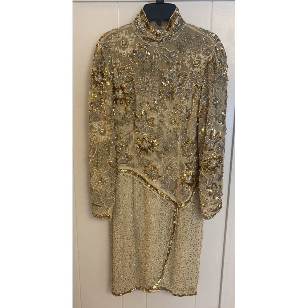 Nite Line~ Vintage Silk Beaded Cocktail Dress Cream  And Gold~Women’s Size 4